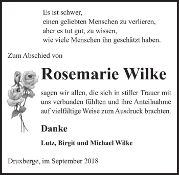 Traueranzeige von Rosemarie Wilke  von Magdeburger Volksstimme