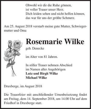 Traueranzeige von Rosemarie Wilke (geb. Deneck)  von Magdeburger Volksstimme