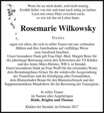 Traueranzeige von Rosemarie Wilkowsky  von Magdeburger Volksstimme