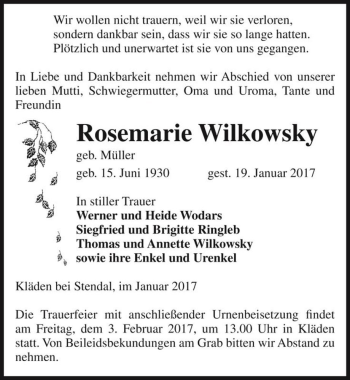 Traueranzeige von Rosemarie Wilkowsky (geb. Müller)  von Magdeburger Volksstimme