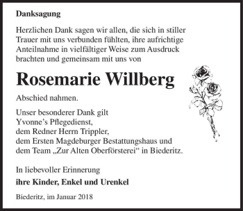 Traueranzeige von Rosemarie Willberg  von Magdeburger Volksstimme
