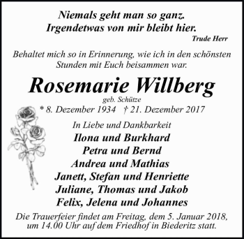 Traueranzeige von Rosemarie Willberg (geb. Schütze)  von Magdeburger Volksstimme