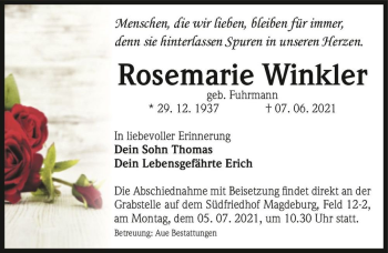 Traueranzeige von Rosemarie Winkler (geb. Fuhrmann)  von Magdeburger Volksstimme