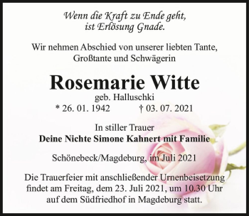 Traueranzeige von Rosemarie Witte (geb. Halluschki)  von Magdeburger Volksstimme