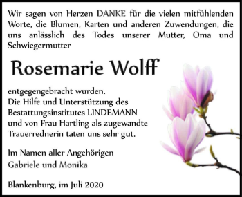 Traueranzeige von Rosemarie Wolff  von Magdeburger Volksstimme