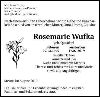 Traueranzeige von Rosemarie Wufka (geb. Quosdorf)  von Magdeburger Volksstimme