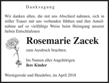 Traueranzeige von Rosemarie Zacek  von Magdeburger Volksstimme