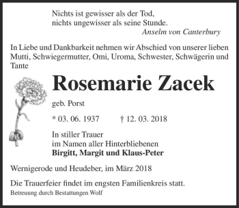 Traueranzeige von Rosemarie Zacek (geb. Porst)  von Magdeburger Volksstimme