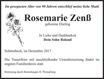 Traueranzeige von Rosemarie Zenß (geb. Ebeling)  von Magdeburger Volksstimme