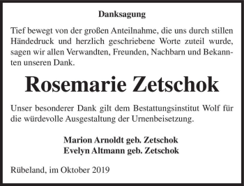 Traueranzeige von Rosemarie Zetschok  von Magdeburger Volksstimme