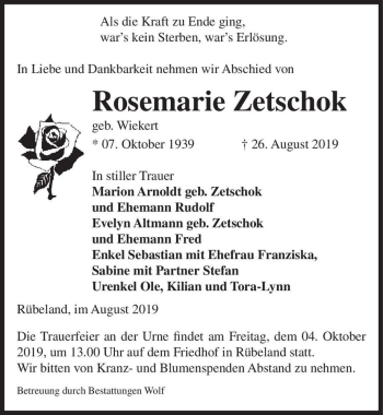 Traueranzeige von Rosemarie Zetschok (geb. Wiekert)  von Magdeburger Volksstimme