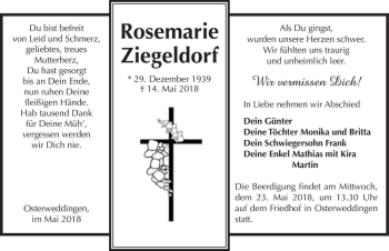 Traueranzeige von Rosemarie Ziegeldorf  von Magdeburger Volksstimme