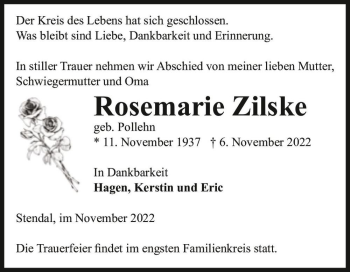 Traueranzeige von Rosemarie Zilske (geb. Pollehn)  von Magdeburger Volksstimme