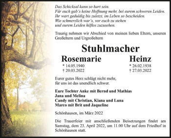 Traueranzeige von Rosemarie und Heinz Stuhlmacher  von Magdeburger Volksstimme