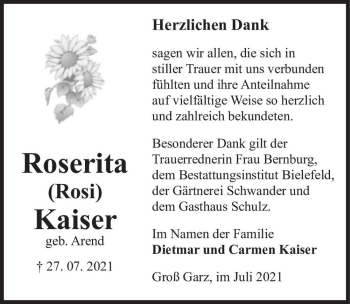 Traueranzeige von Roserita 