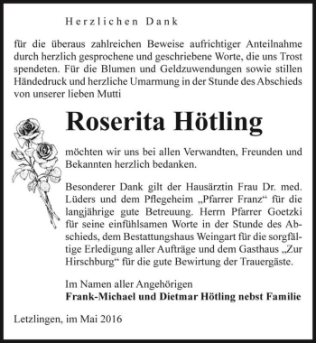 Traueranzeige von Roserita Hötling  von Magdeburger Volksstimme