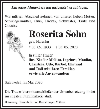 Traueranzeige von Roserita Sohn (geb. Halenka)  von Magdeburger Volksstimme