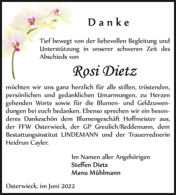 Traueranzeige von Rosi Dietz  von Magdeburger Volksstimme
