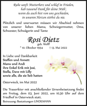 Traueranzeige von Rosi Dietz (geb. Wolff)  von Magdeburger Volksstimme