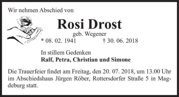 Traueranzeige von Rosi Drost (geb. Wegener)  von Magdeburger Volksstimme
