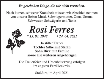 Traueranzeige von Rosi Ferres  von Magdeburger Volksstimme