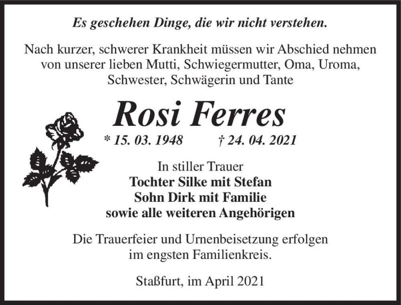  Traueranzeige für Rosi Ferres  vom 30.04.2021 aus Magdeburger Volksstimme