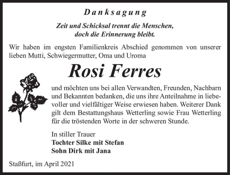  Traueranzeige für Rosi Ferres  vom 15.05.2021 aus Magdeburger Volksstimme