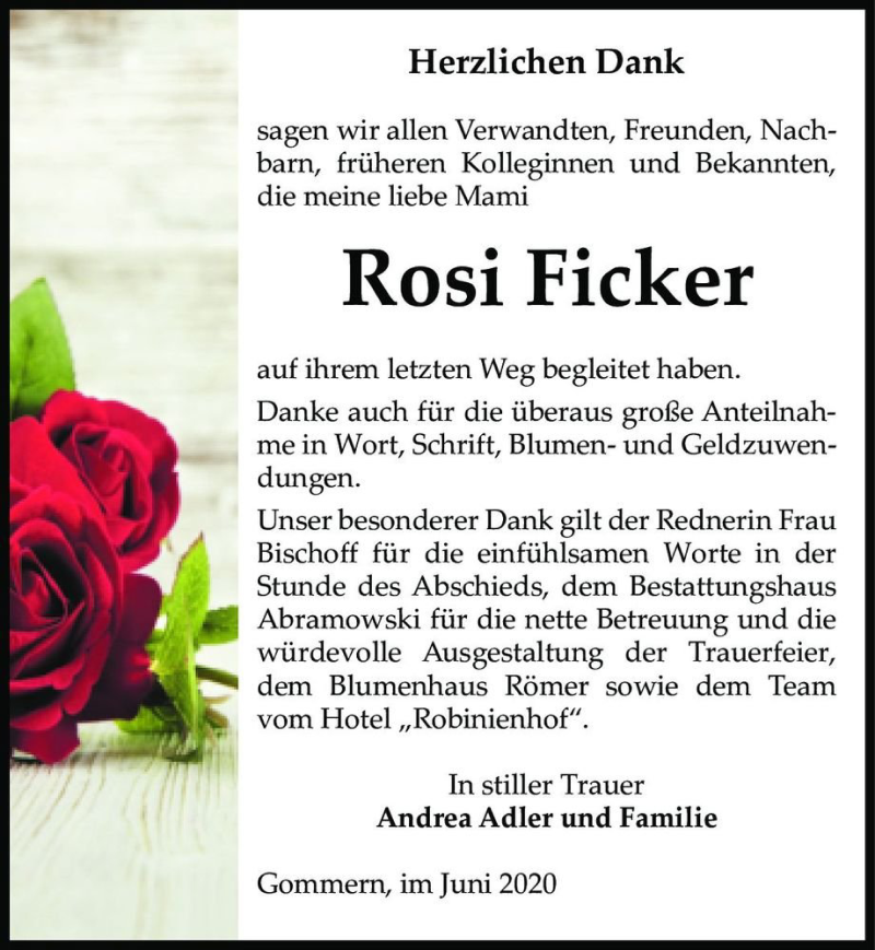  Traueranzeige für Rosi Ficker  vom 13.06.2020 aus Magdeburger Volksstimme