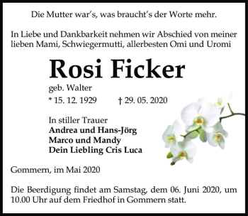 Traueranzeige von Rosi Ficker (geb. Walter)  von Magdeburger Volksstimme