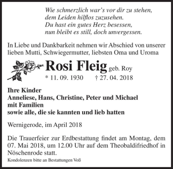 Traueranzeige von Rosi Fleig (geb. Roy)  von Magdeburger Volksstimme