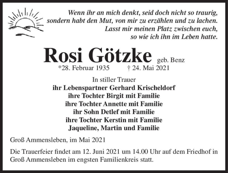  Traueranzeige für Rosi Götzke (geb. Benz)  vom 29.05.2021 aus Magdeburger Volksstimme
