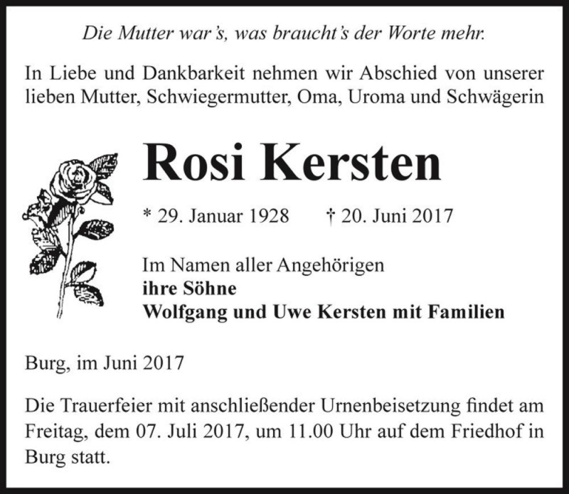  Traueranzeige für Rosi Kersten  vom 24.06.2017 aus Magdeburger Volksstimme