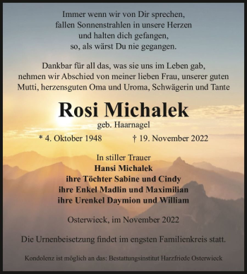 Traueranzeige von Rosi Michalek (geb. Haarnagel)  von Magdeburger Volksstimme