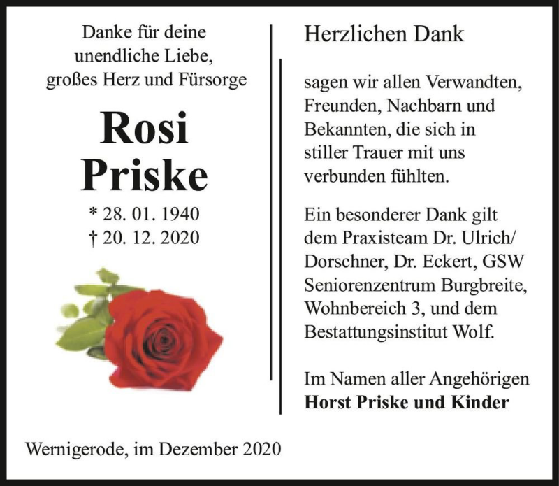  Traueranzeige für Rosi Priske  vom 02.01.2021 aus Magdeburger Volksstimme