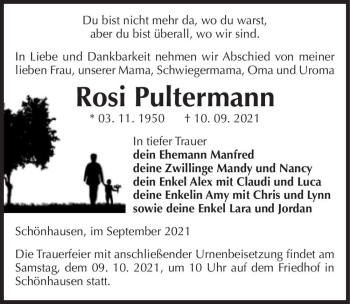 Traueranzeige von Rosi Pultermann  von Magdeburger Volksstimme