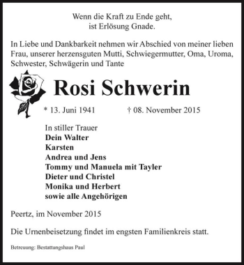 Traueranzeige von Rosi Schwerin  von Magdeburger Volksstimme