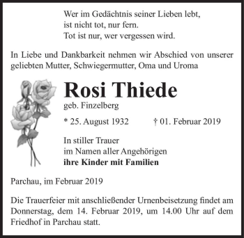Traueranzeige von Rosi Thiede (geb. Finzelberg)  von Magdeburger Volksstimme