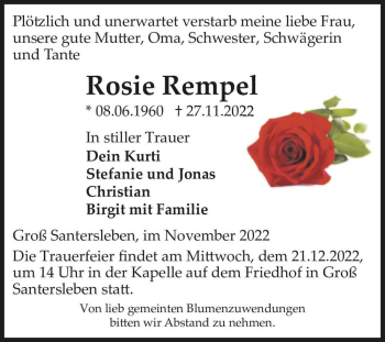 Traueranzeige von Rosie Rempel  von Magdeburger Volksstimme