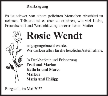 Traueranzeige von Rosie Wendt  von Magdeburger Volksstimme