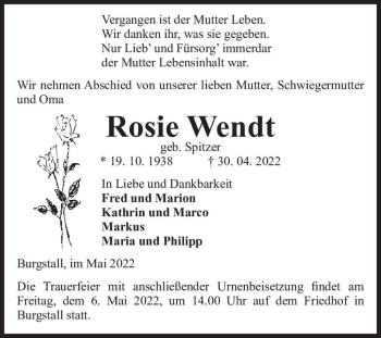 Traueranzeige von Rosie Wendt (geb. Spitzer)  von Magdeburger Volksstimme
