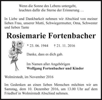 Traueranzeige von Rosiemarie Fortenbacher  von Magdeburger Volksstimme