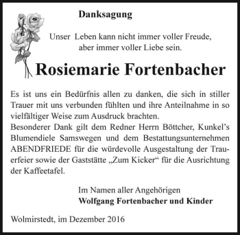Traueranzeige von Rosiemarie Fortenbacher  von Magdeburger Volksstimme