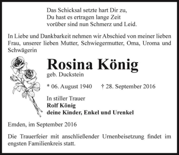 Traueranzeige von Rosina König (geb. Duckstein)  von Magdeburger Volksstimme