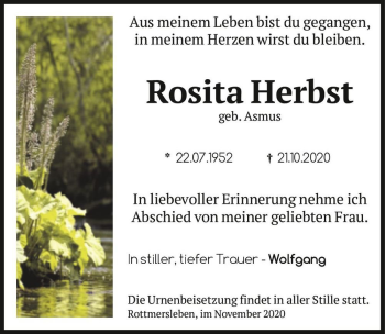 Traueranzeige von Rosita Herbst (geb. Asmus)  von Magdeburger Volksstimme