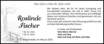 Traueranzeige von Roslinde Fischer  von Magdeburger Volksstimme
