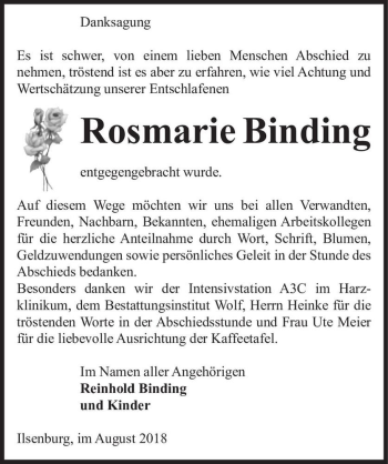 Traueranzeige von Rosmarie Binding  von Magdeburger Volksstimme