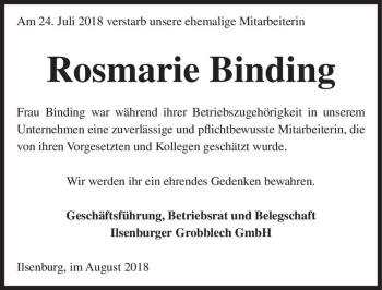Traueranzeige von Rosmarie Binding  von Magdeburger Volksstimme