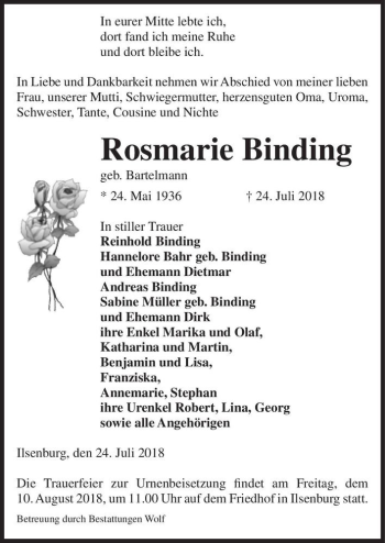 Traueranzeige von Rosmarie Binding (geb. Bartelmann)  von Magdeburger Volksstimme