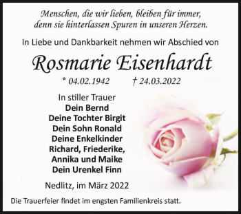 Traueranzeige von Rosmarie Eisenhardt  von Magdeburger Volksstimme