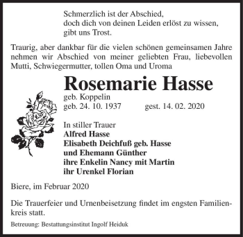 Traueranzeige von Rosmarie Hasse (geb. Koppelin)  von Magdeburger Volksstimme